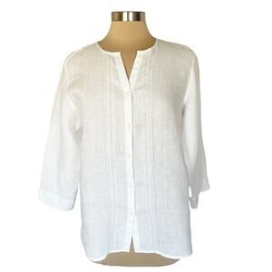 Liz Claiborne 100% Linen White Button Down Top Size L Classic Summer Travel Work